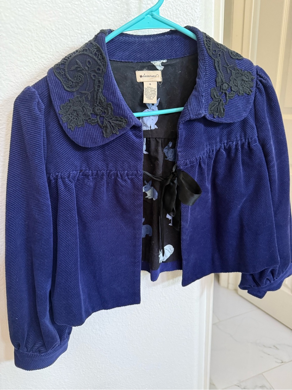 Wildflowers Girls' Navy Blue Corduroy Jacket with Black Lace Collar